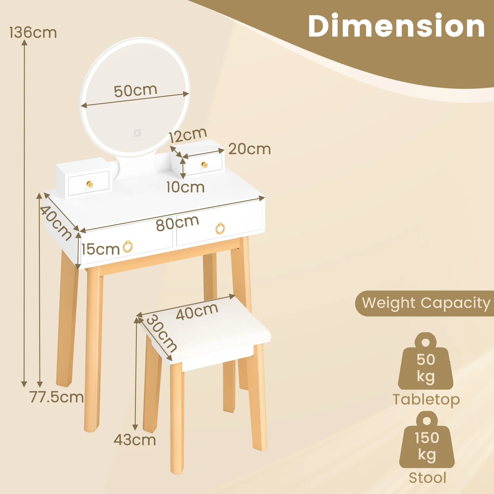 Giantex Dressing Table Stool Set, Makeup Desk Dresser with LED Makeup Mirror and Jewelry Storage Drawers