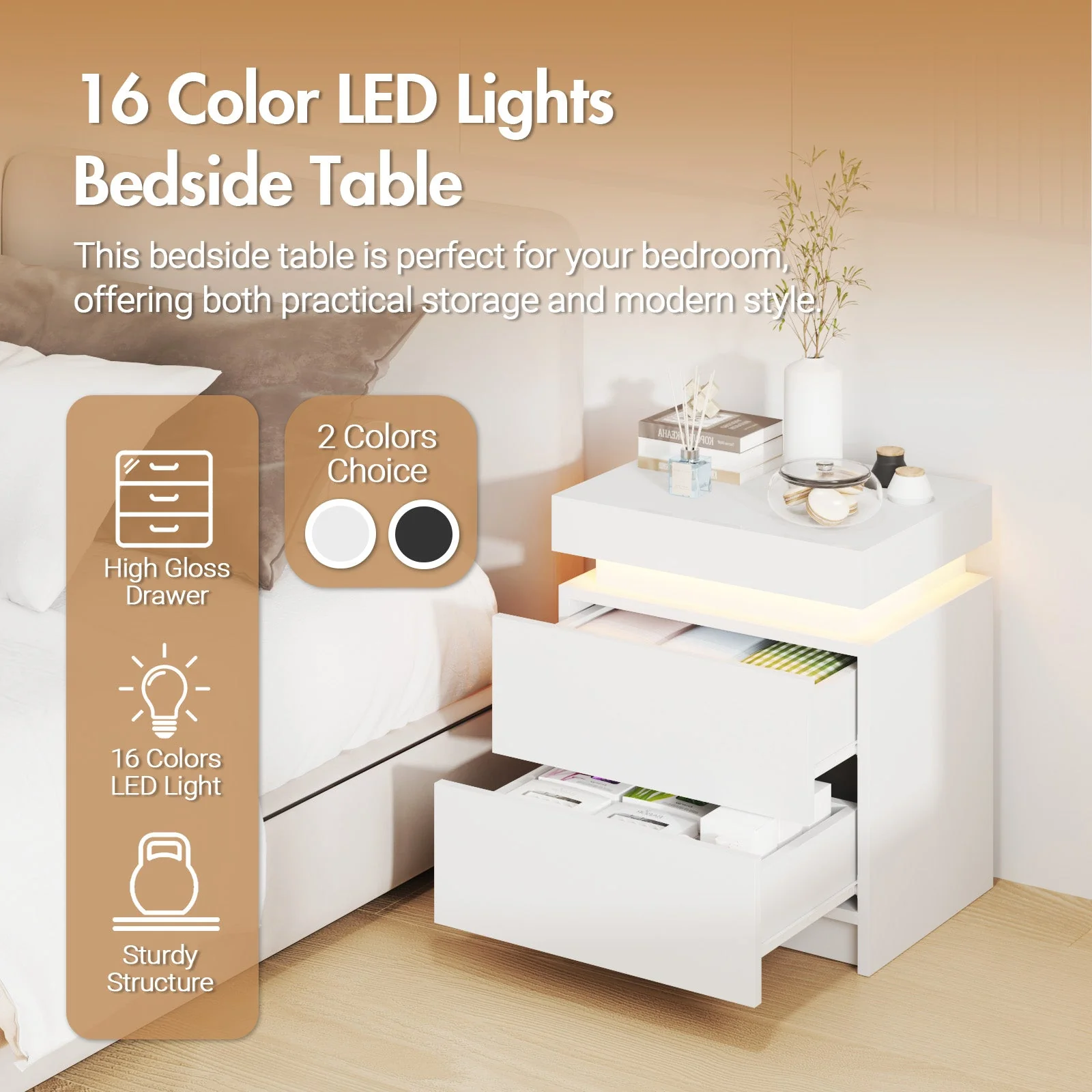 Set of 2 Bedside Table With Nightstand LED