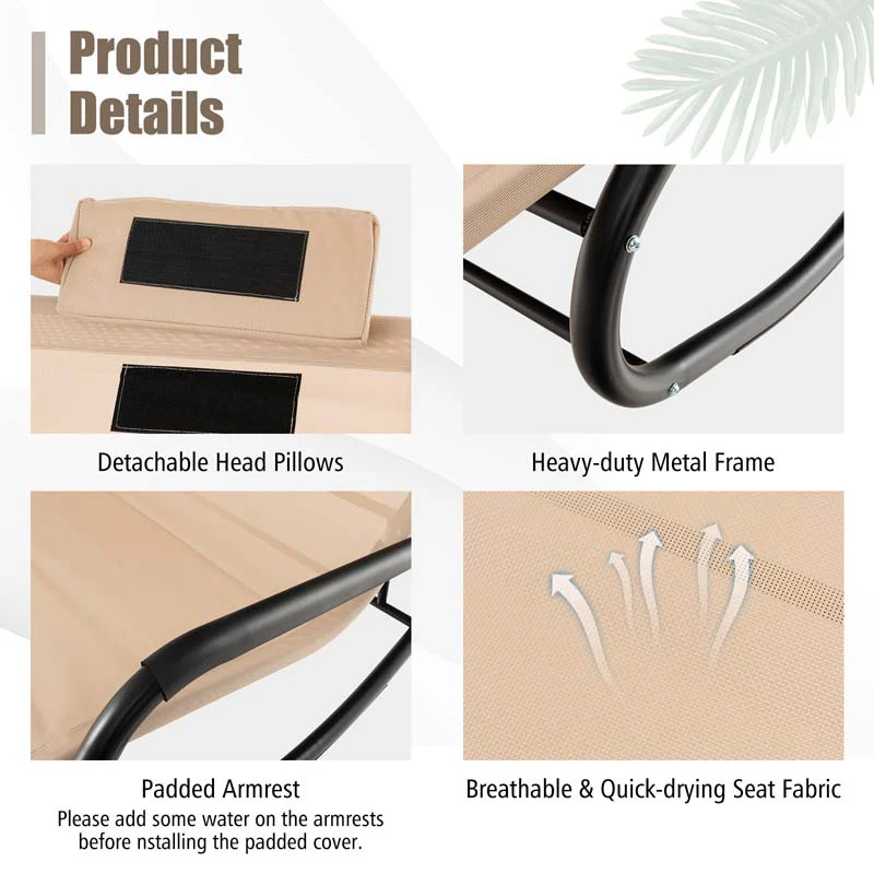 2-Person Patio Hammock Bed Swing Chair Extra Large Outdoor Rocking Chaise Lounge with Adjustable Canopy and Wheels