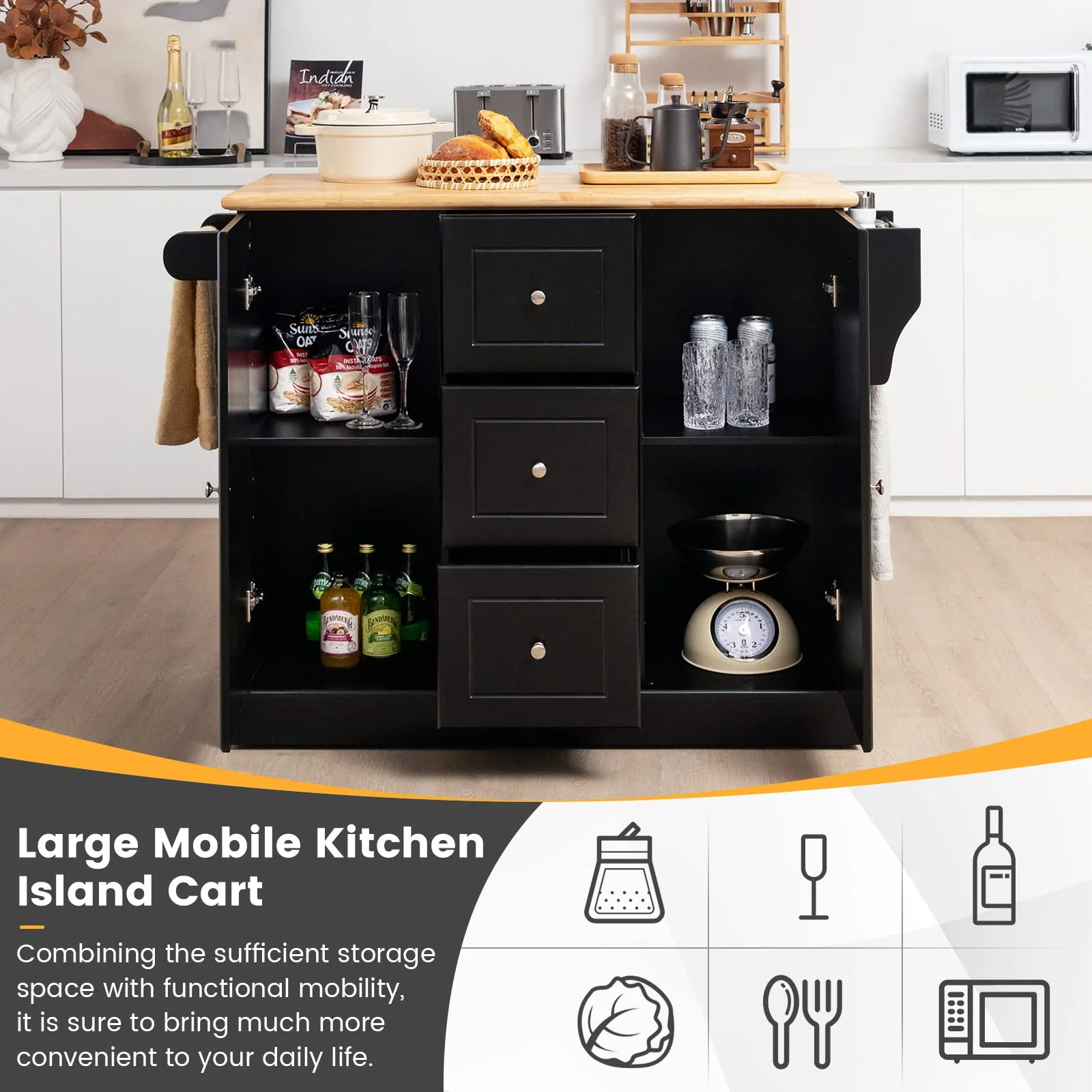 Giantex Large Mobile Kitchen Island Cart, Kitchen Island on Hidden Wheels, Rubber Wood Countertop