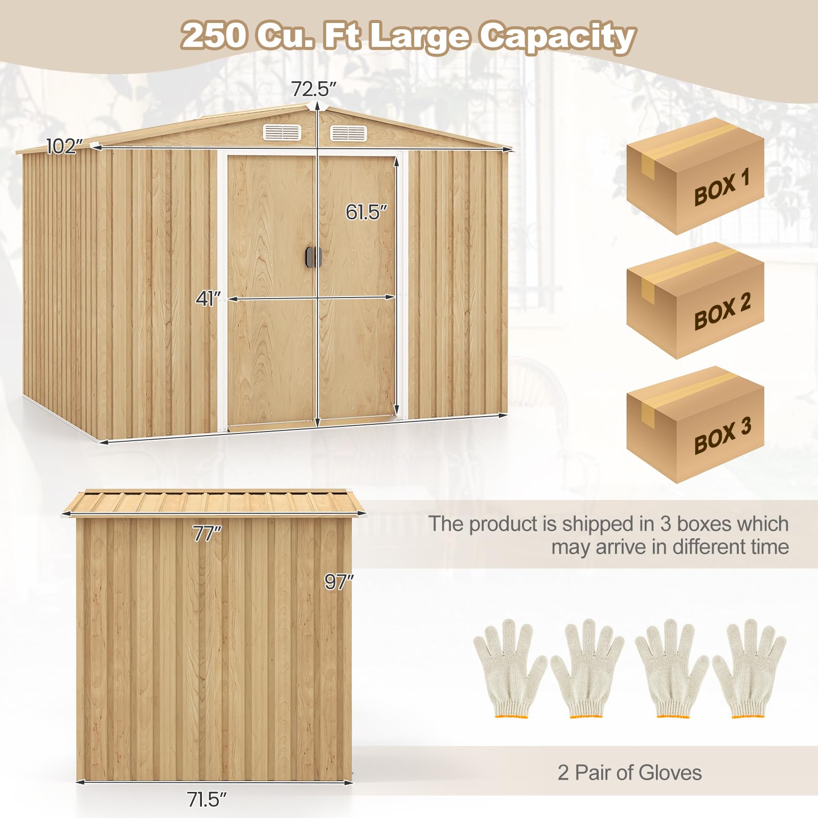 8' x 6' Woodgrain Outdoor Storage Shed, Galvanized Metal Tool House Organizer w/Base Floor, 4 Vents