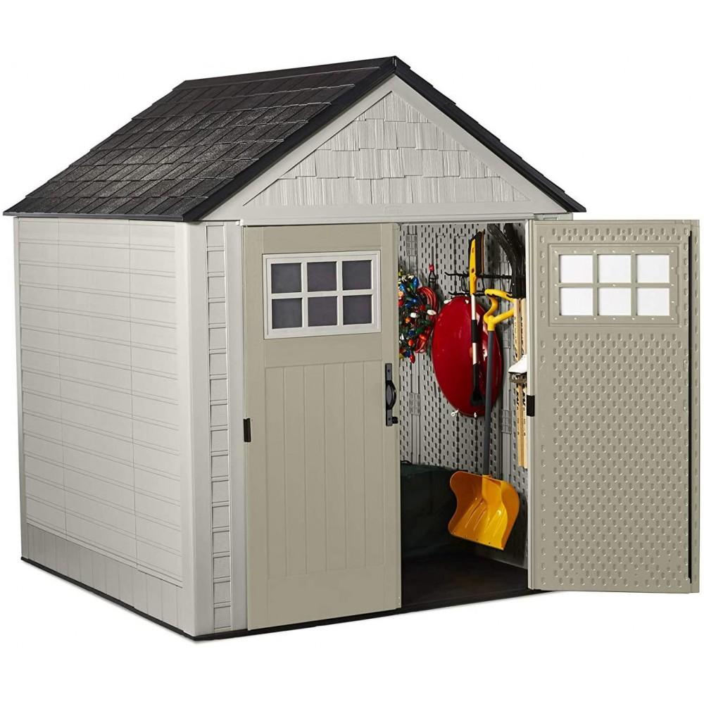 Rubbermaid 7��7 Ft Durable Weather Resistant Resin Outdoor Garden Storage Shed with Windows and Utility Hooks, Sand