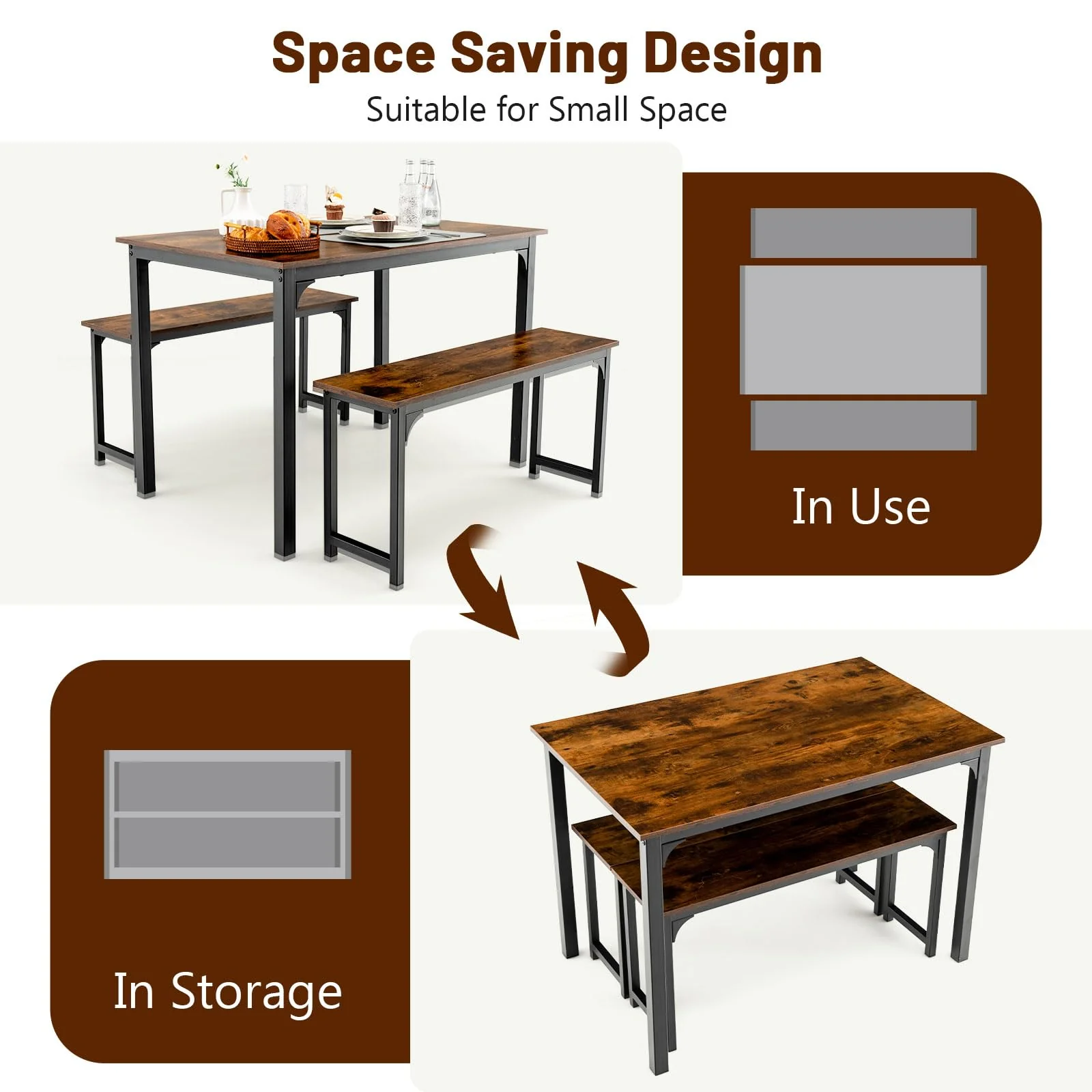 Giantex Dining Table Set for 4, 3 PCS Farmhouse Kitchen & Dining Room Furniture Kit with 2 Benches