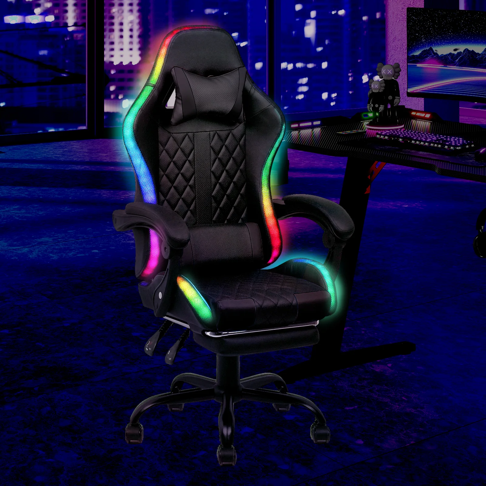 Gaming Chair 12 RGB LED Massage Chair Black