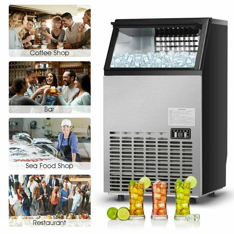 110LBS/24H Commercial Ice Maker with 33LBS Storage Capacity, Free-Standing Ice Machine