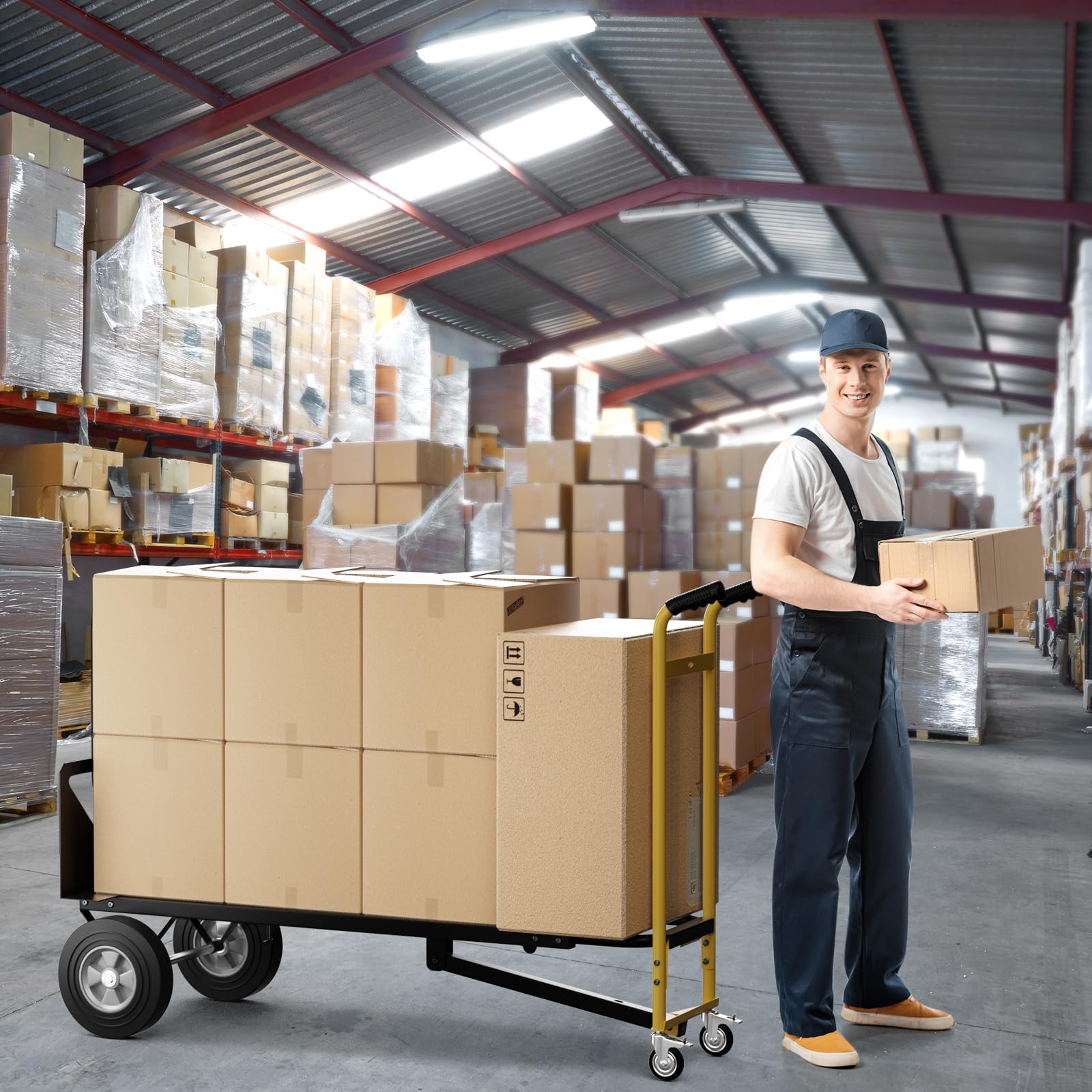 Hand Truck, 3-in-1 Convertible Metal Dolly Cart with 4 Rubber Wheels, 1000 lbs Max Load Capacity