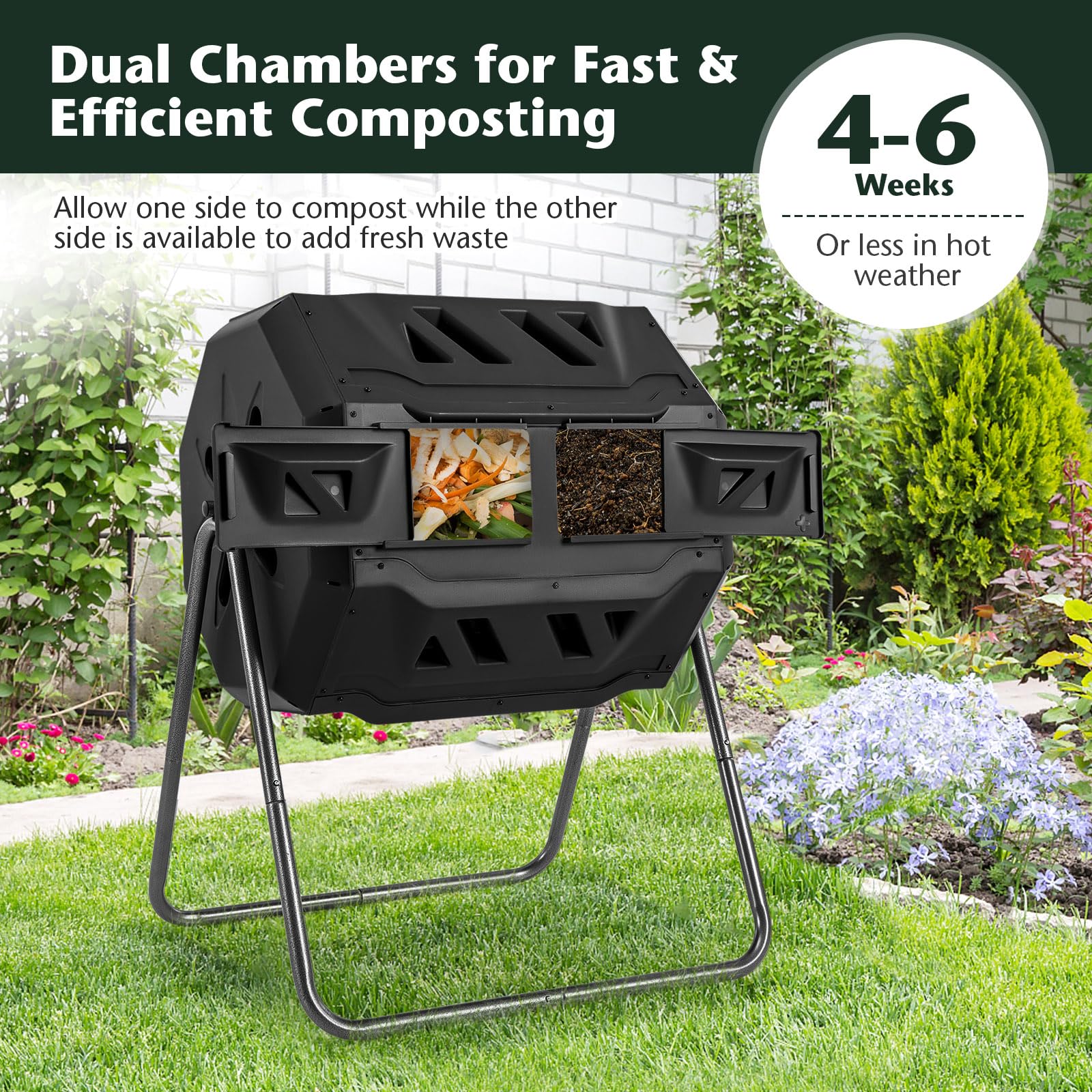 Compost Bin, 42-Gal Dual Chamber Composting Tumbler w/2 Sliding Doors, Heavy-Duty Metal Frame