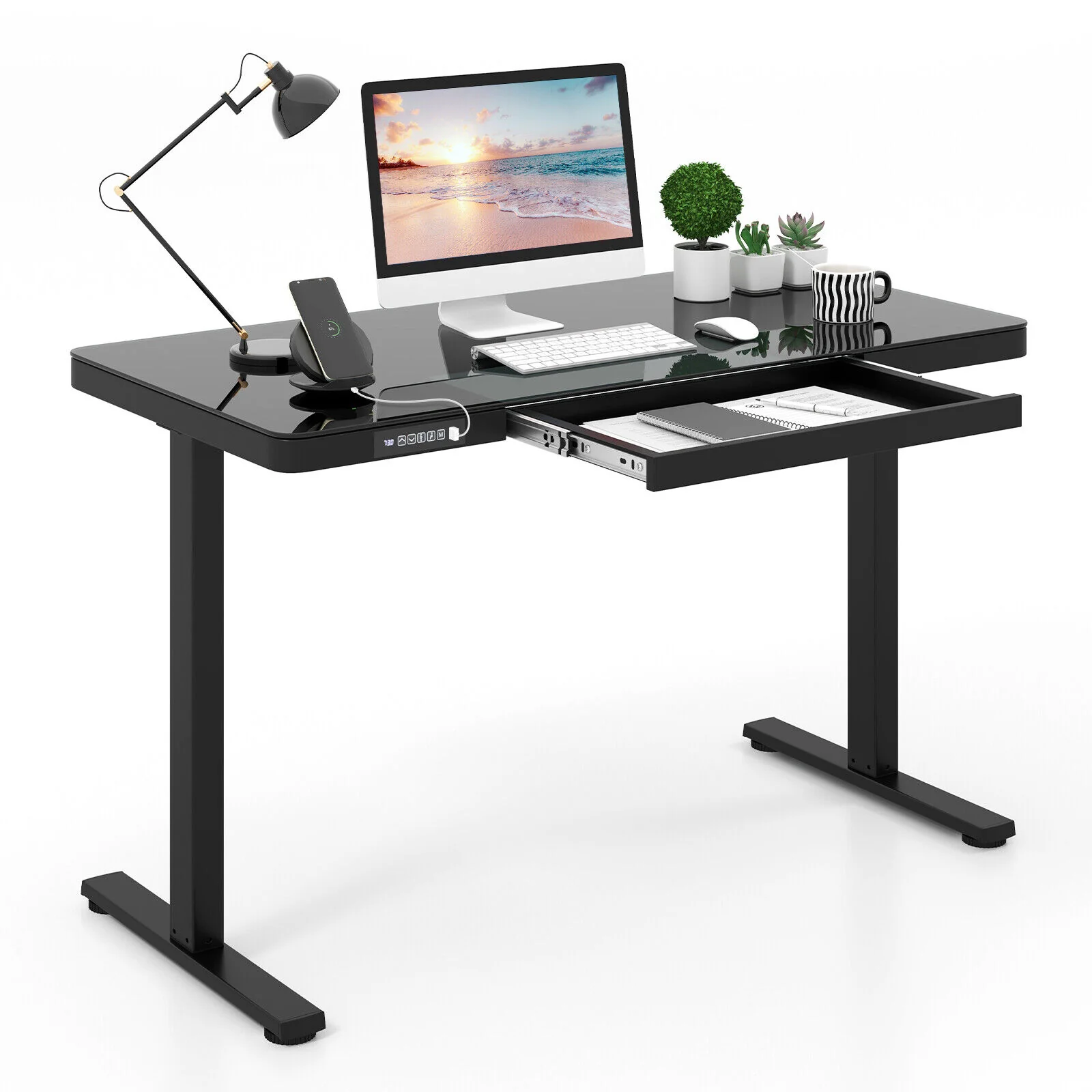 120x60cm Electric Standing Desk w/ Drawer & Tempered Glass Top Home Office