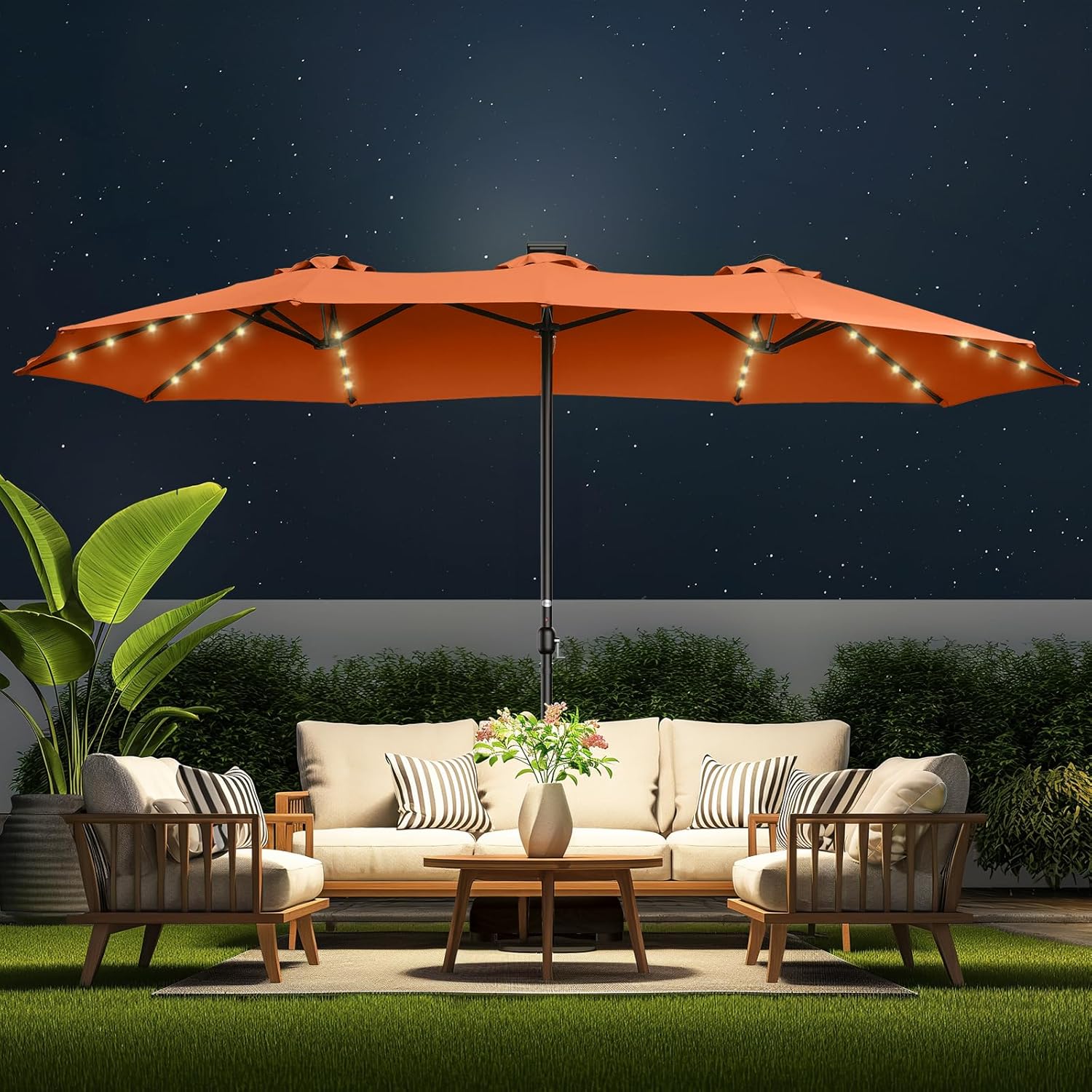 Double Sided Patio Umbrellas - 15ft Solar Lights LED Lighted Outdoor Extra Large Market Table Umbrella with Base Included, Oversized Umbrella for Deck, Pool, Backyard (Beige)
