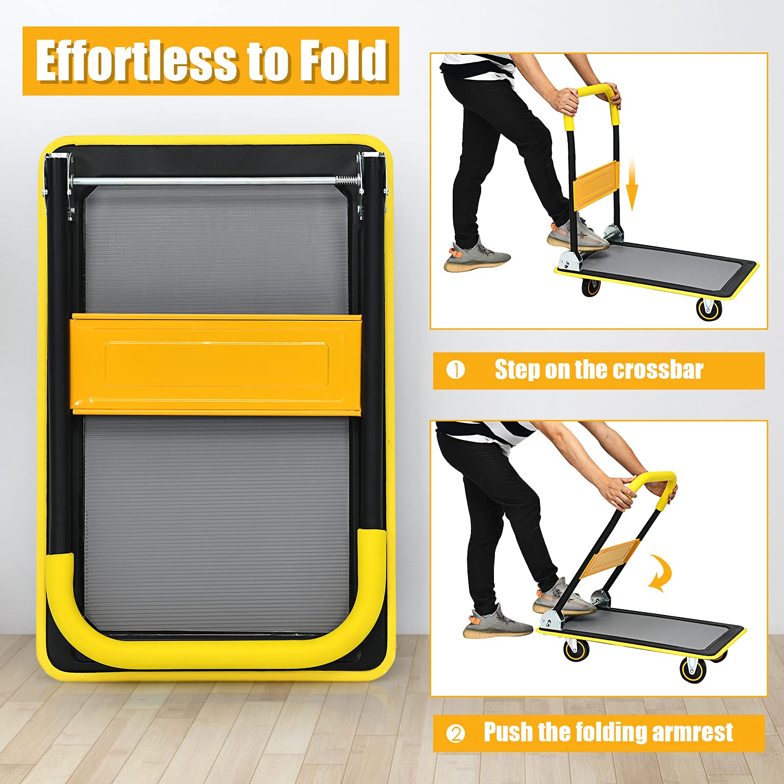 Folding Platform Cart, 330LBS Rolling Flatbed Cart Hand Platform Truck Push Dolly for Loading, Yellow