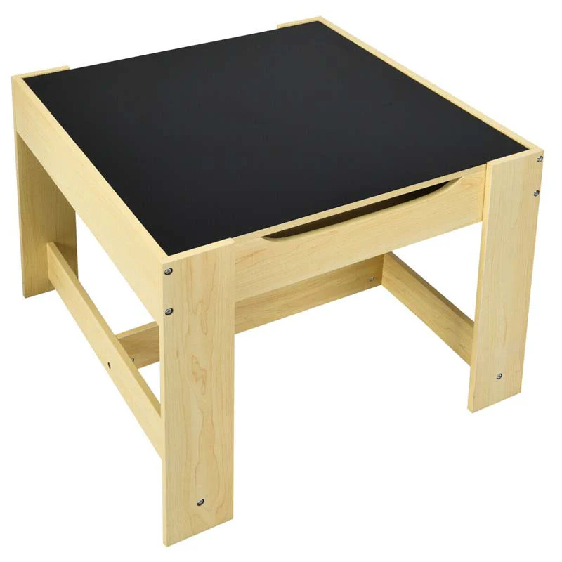 3-in-1 Kids Wood Table Chairs Set with Blackboard & Storage Drawers, Children Multi Activity Table for Learning Playing Drawing