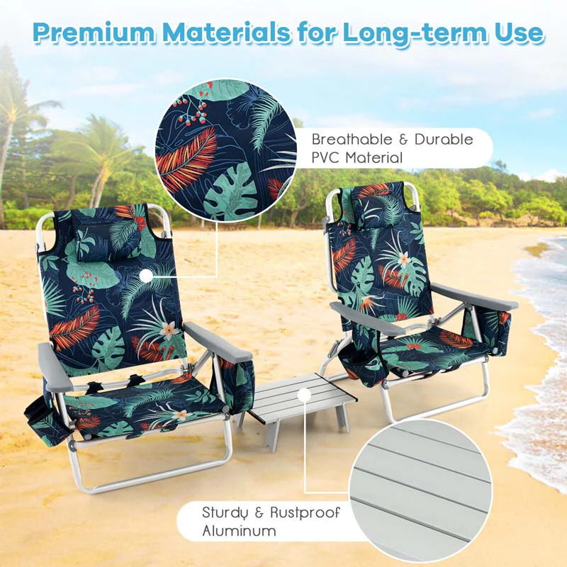 2 Pack 5-Position Outdoor Folding Backpack Beach Chair & Table Set, Patio Lawn Camping Chair Beach Sling Chair