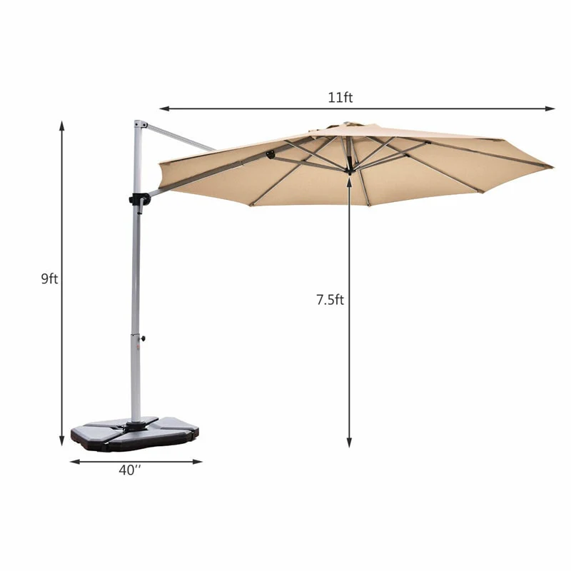 11 FT Patio Offset Cantilever Umbrella 360�� Rotation Tilt with Cross Base & Crank Handle