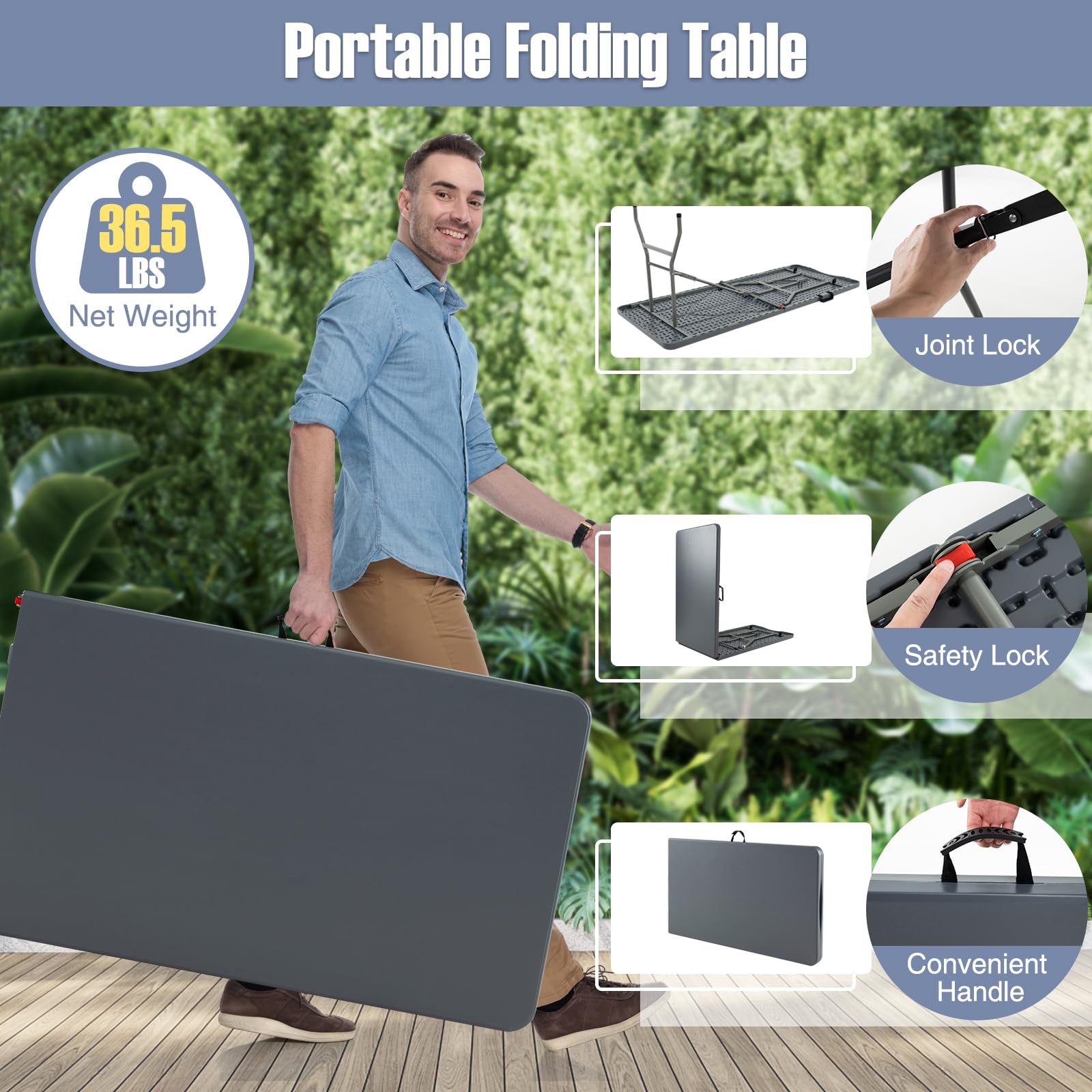 8ft Plastic Folding Table, 350 LBS Outdoor Heavy Duty Folding Tables with HDPE Tabletop, Handle