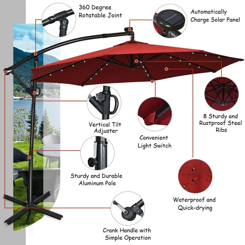 10 FT Patio Offset Umbrella with Solar Lights 360�� Rotation Outdoor Market Umbrella with Crank Handle & Cross Base