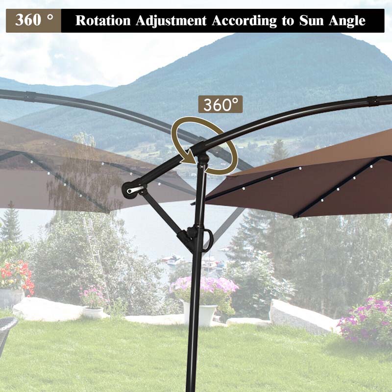10 FT Patio Offset Umbrella with Solar Lights 360�� Rotation Outdoor Market Umbrella with Crank Handle & Cross Base