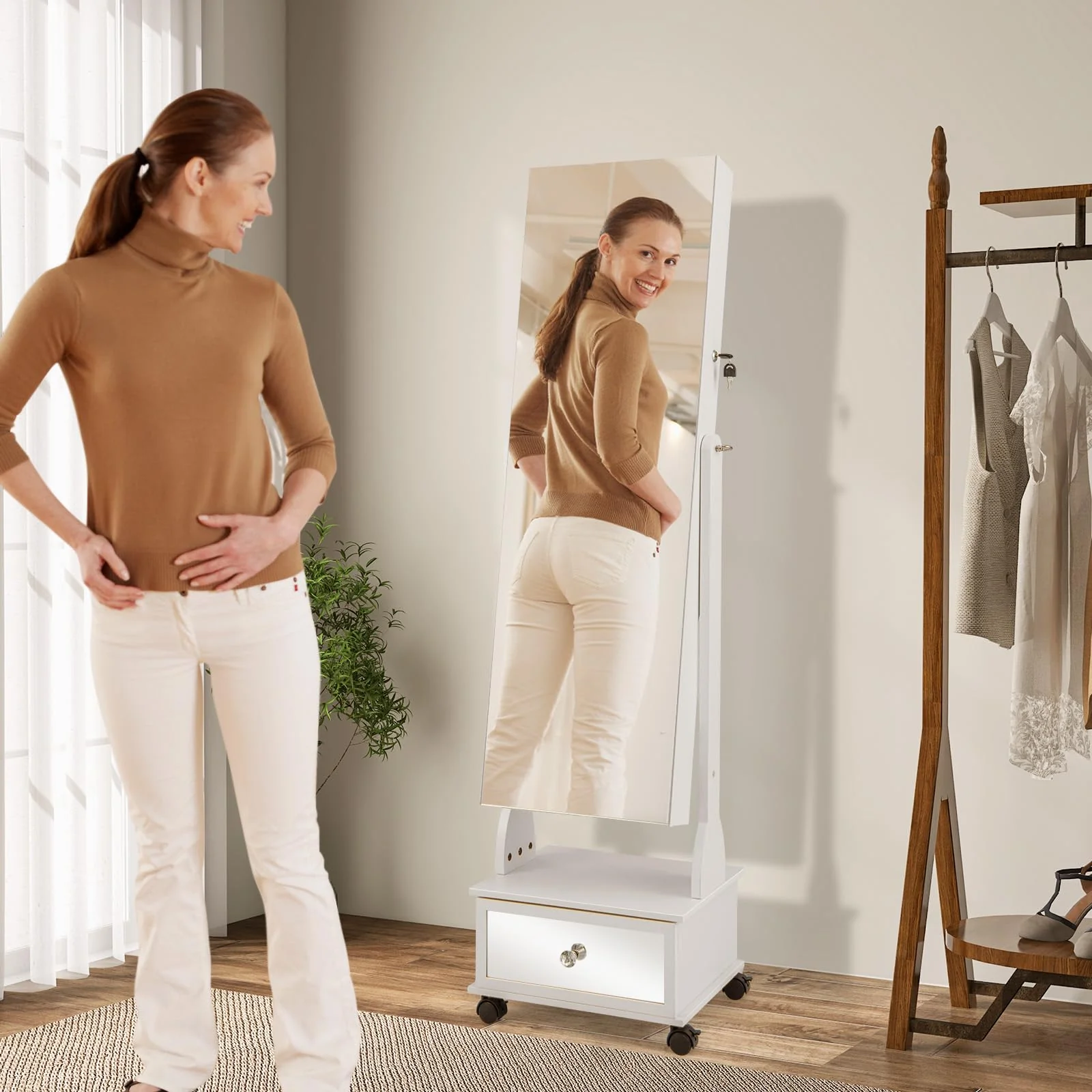 Giantex Standing Jewelry Armoire, Lockable Movable Jewelry Organizer