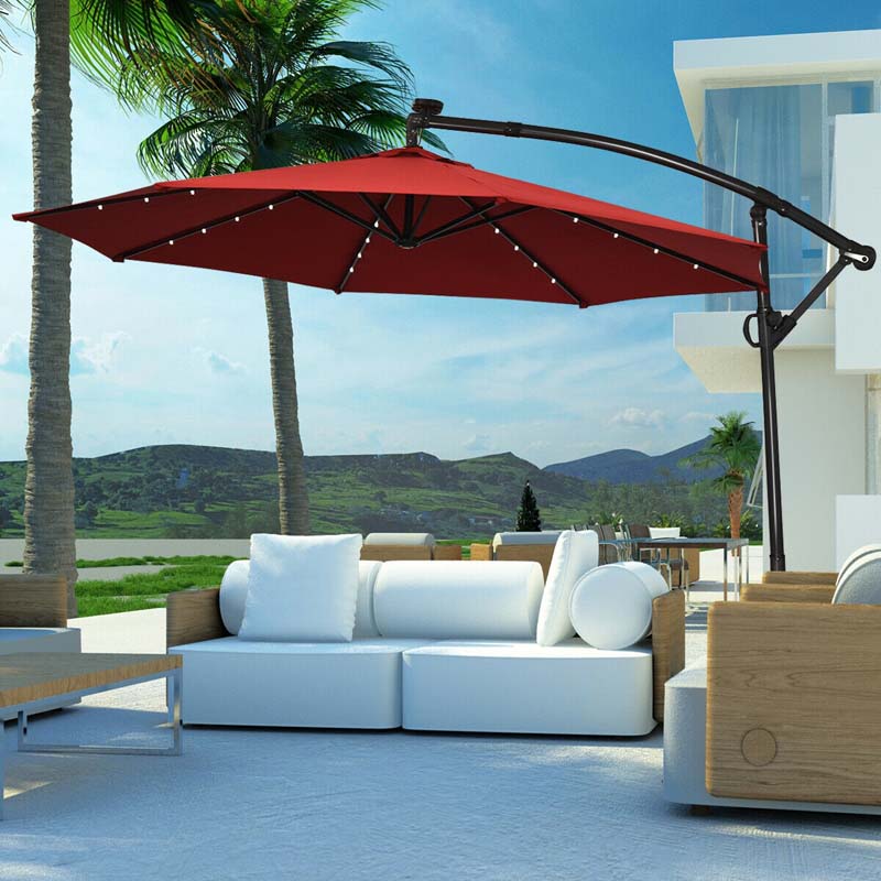 10 FT Patio Offset Umbrella with Solar Lights 360�� Rotation Outdoor Market Umbrella with Crank Handle & Cross Base