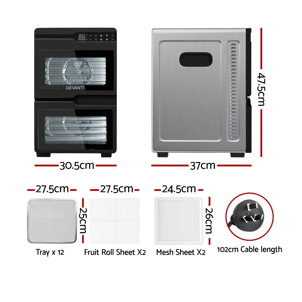 Devanti 12 Trays Food Dehydrator Dual-Zone Stainless Steel Fruit Jerky Dryer