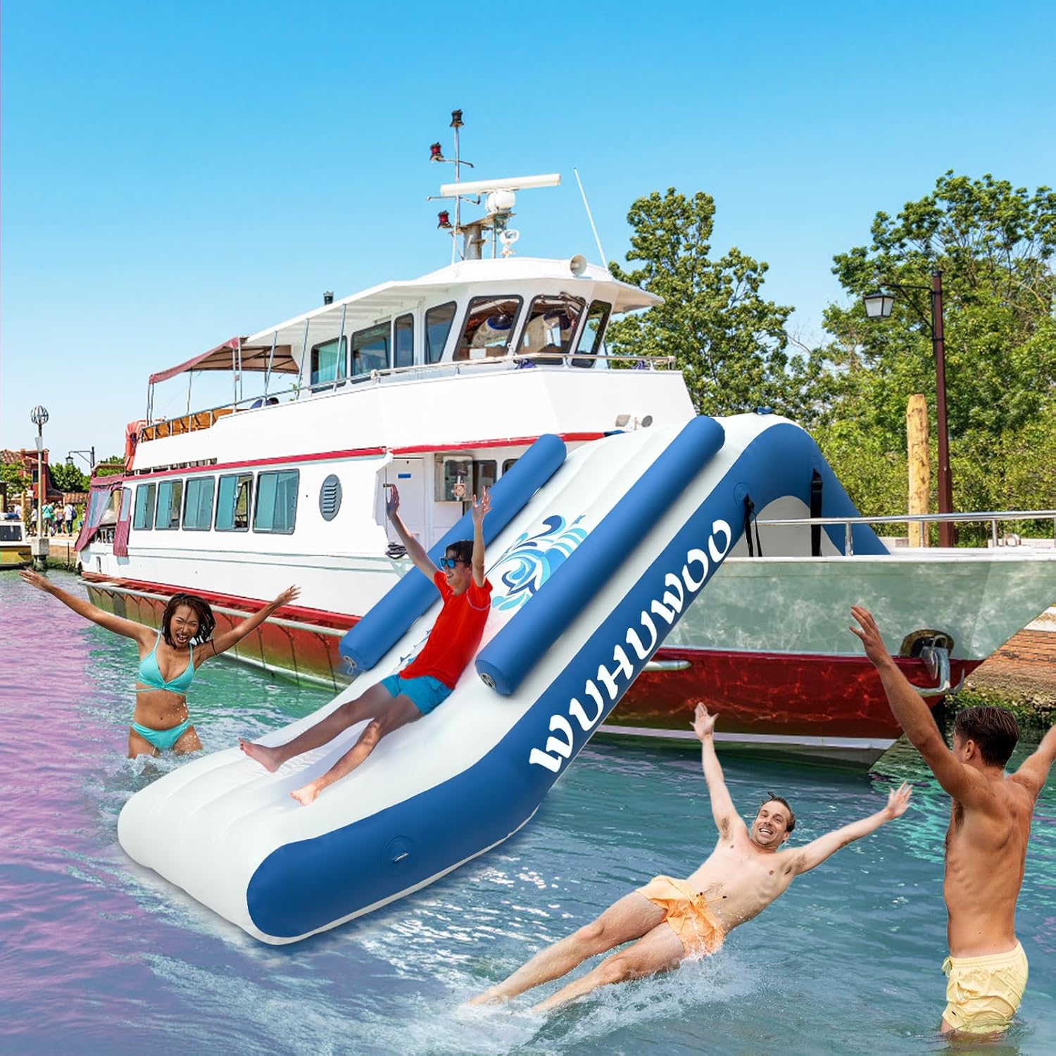 Pontoon Waterfall Slide, Inflatable Pontoon Boat Water Slide for Kids Backyard Pool Sea, Electric Air Pump & Storage Bag