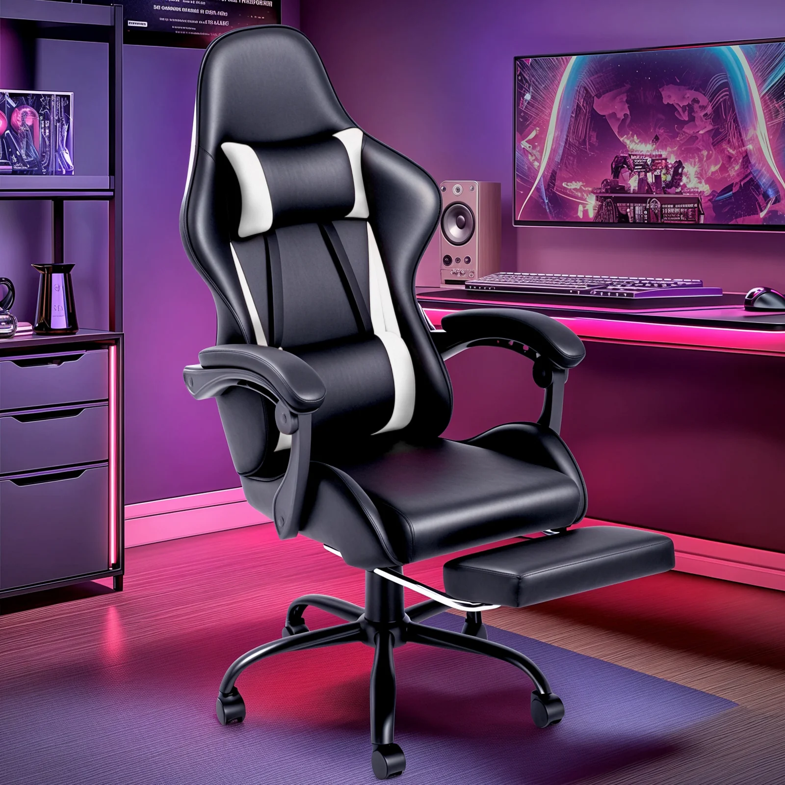 Gaming Chair Massage Lumbar with Footrest White