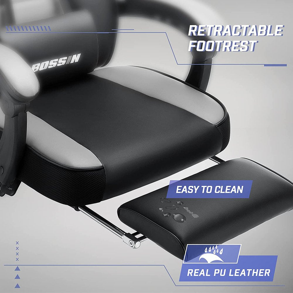 BOSSIN Ergonomic Gaming Chair with Footrest, Headrest & Lumbar Support, Reclines 90-155??, PU Leather, 300 lbs Capacity