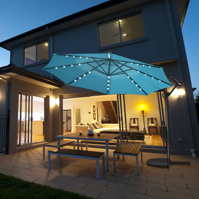 10 FT Patio Offset Umbrella with Solar Lights 360�� Rotation Outdoor Market Umbrella with Crank Handle & Cross Base