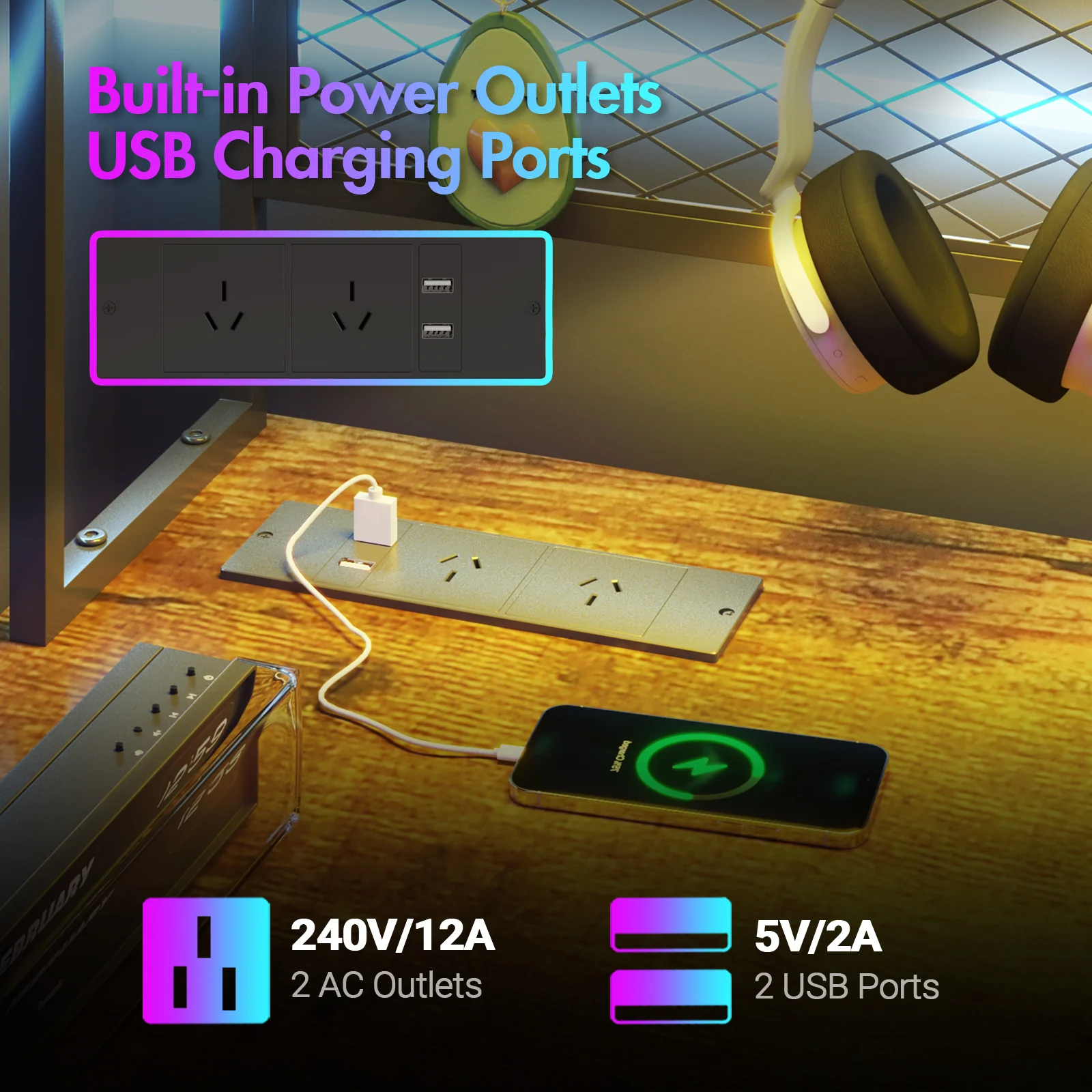 L Shaped Gaming Desk with LED Lights &  Storage Shelf