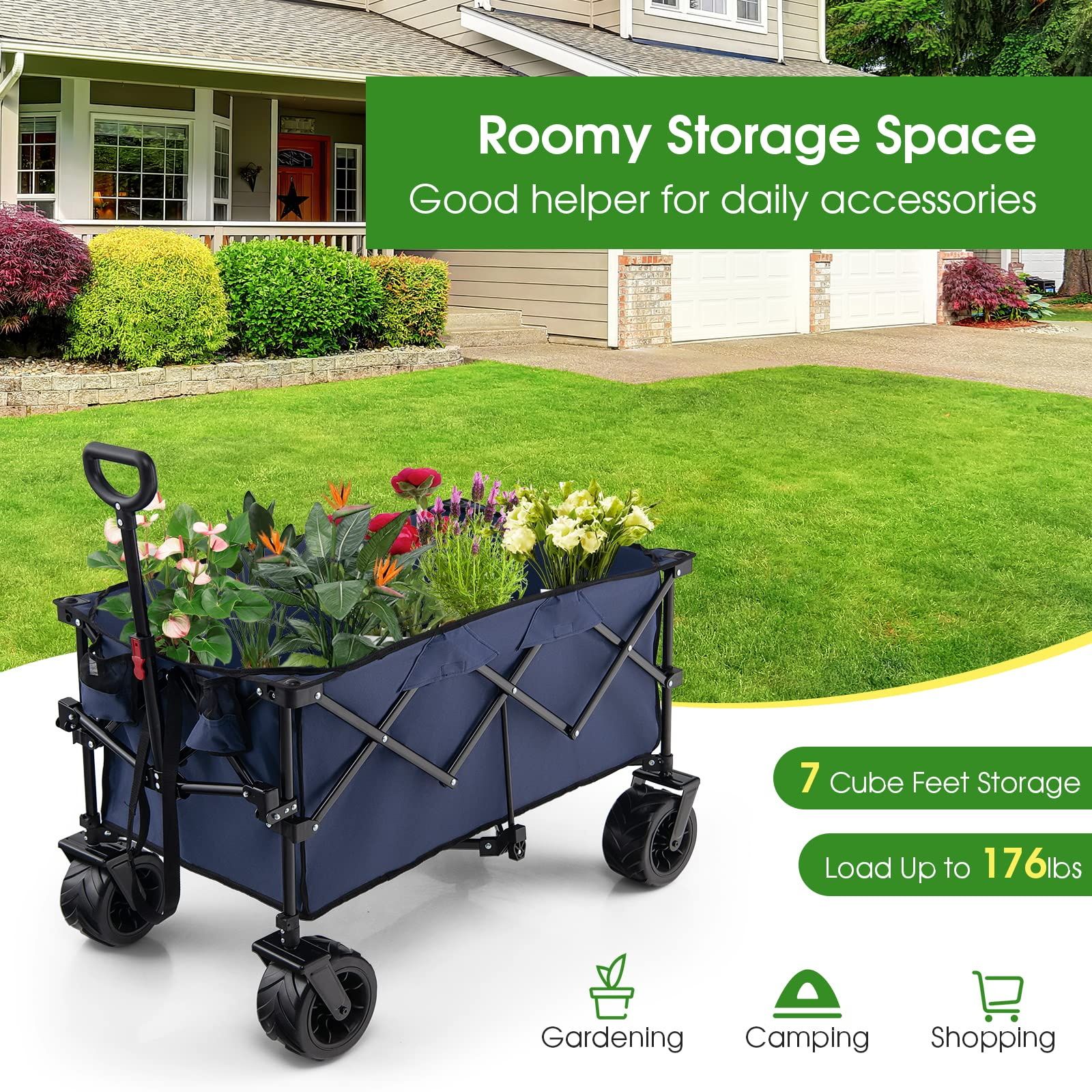 Collapsible Wagon Cart, Foldable Heavy Duty Utility Wagon with Adjustable Handle