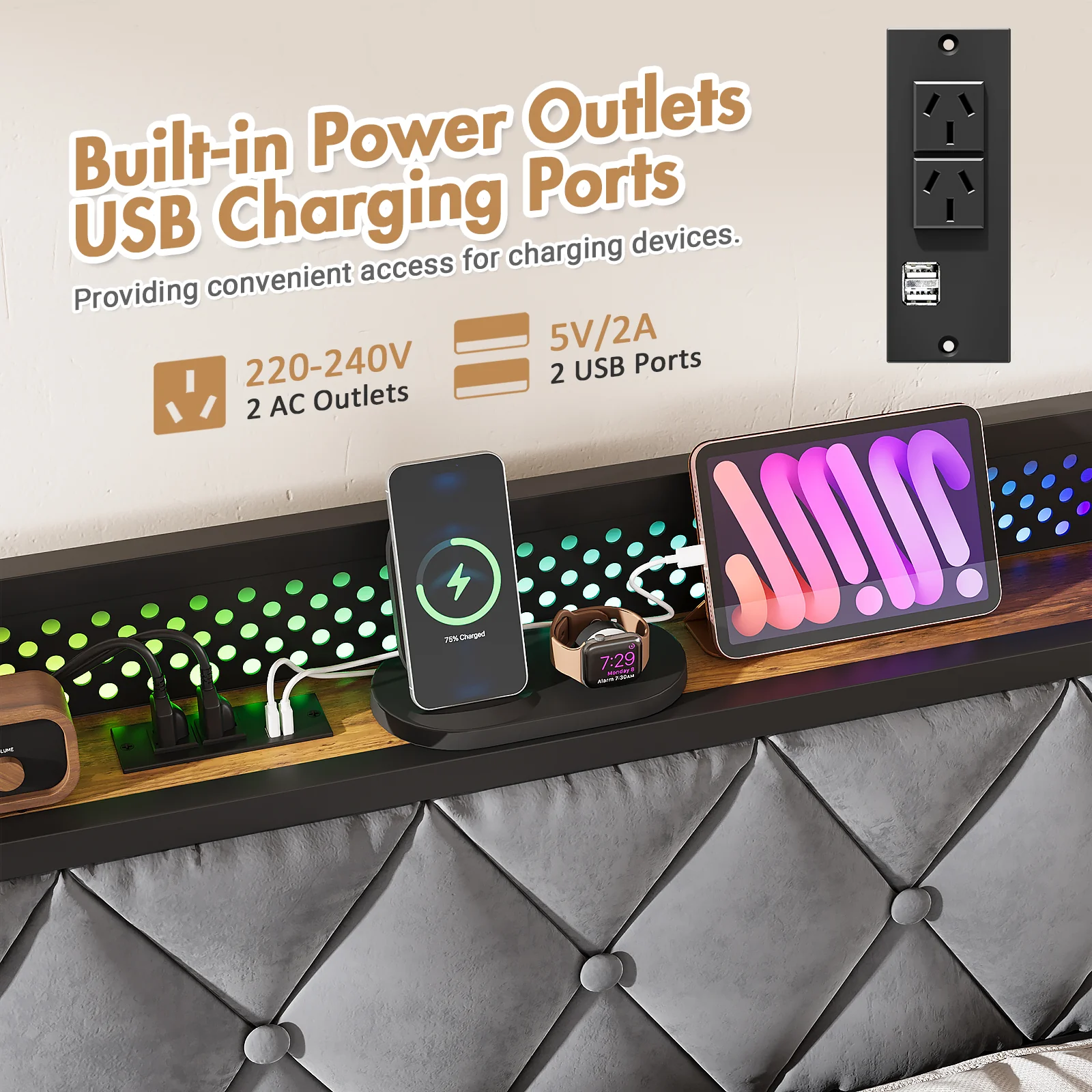 RGB LED Lights Bed Frame w/Charging Station