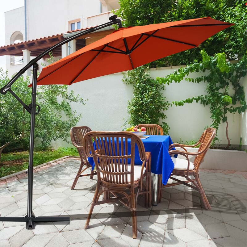 10 FT Patio Offset Umbrella with Solar Lights 360�� Rotation Outdoor Market Umbrella with Crank Handle & Cross Base