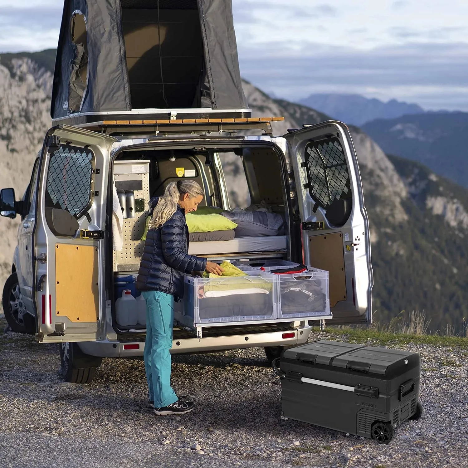 48 Qt. Portable 12v Electric Cooler with LG Compressor, Fridge and Freezer, Rugged Wheels, and Solar Power Input, Perfect Plug-In Cooler for Camping, Trucks, Travel, Car and Home