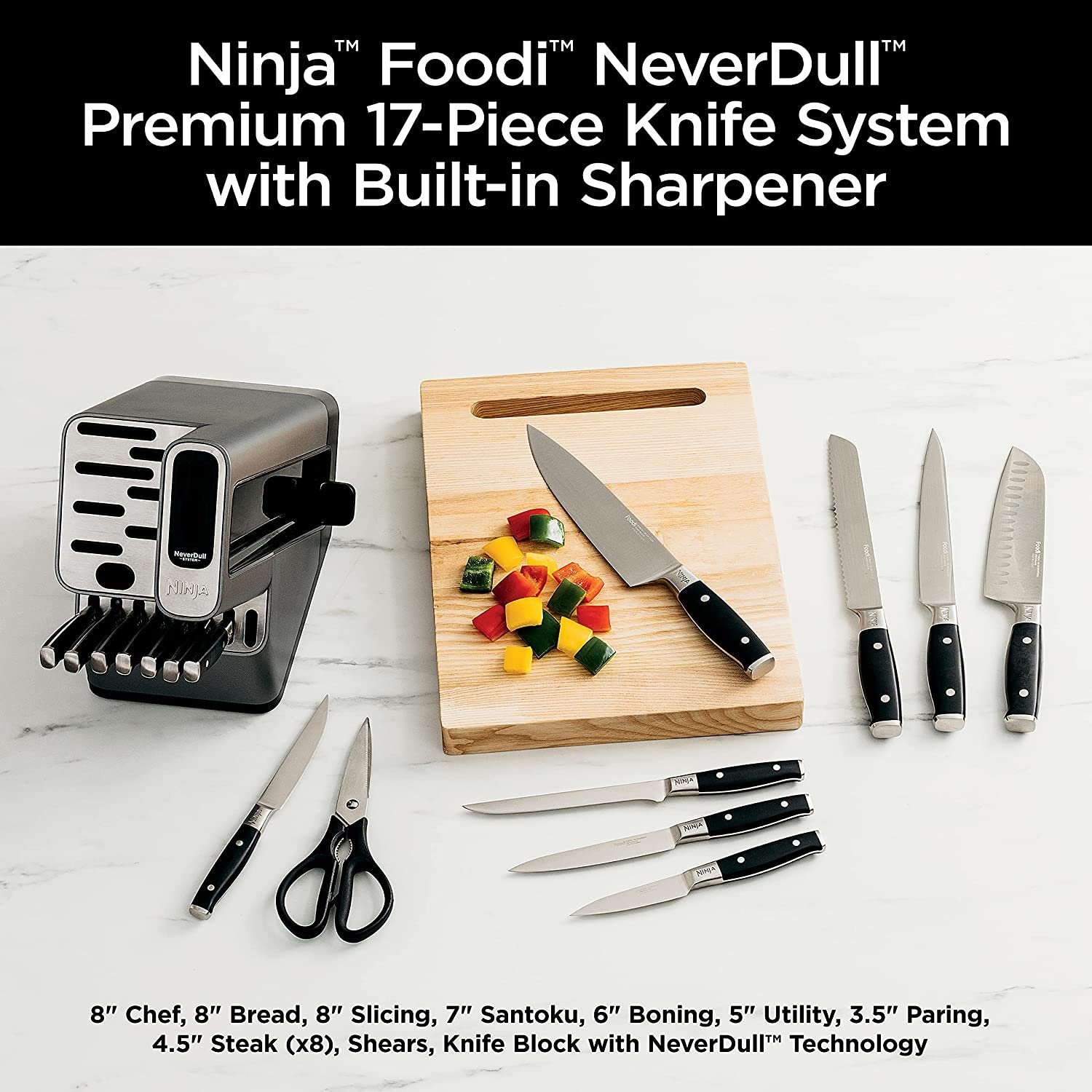 2024 Ninja K32017 Foodi NeverDull 17 Piece Premium Knife System Block Set with Built-in Sharpener, Stainless Steel/Black