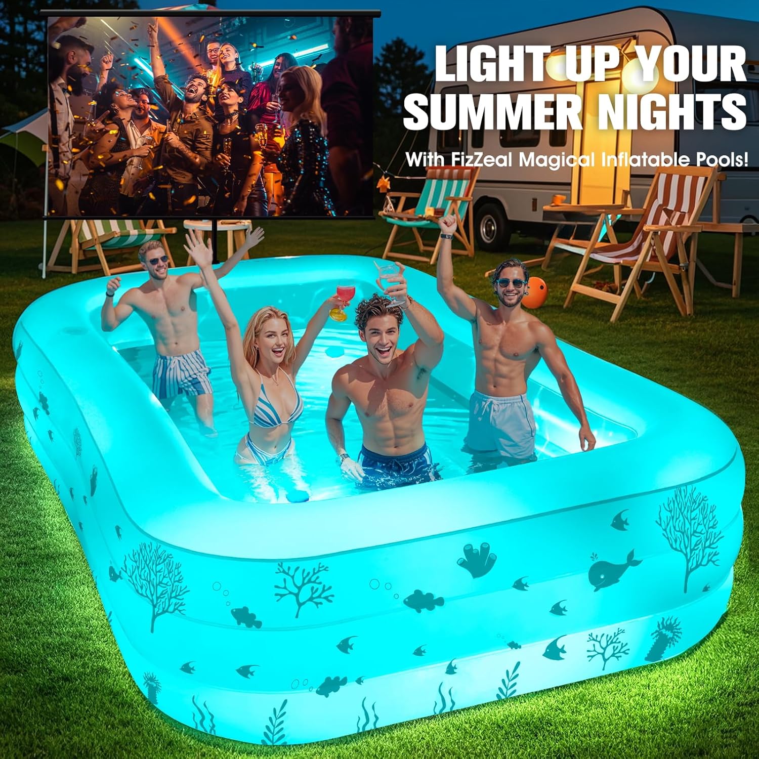 Inflatable Pool with Seat and Pool Lights, Durable Thickened Large Size Family Inflatable Pools for Adults Blow Up Pools,105