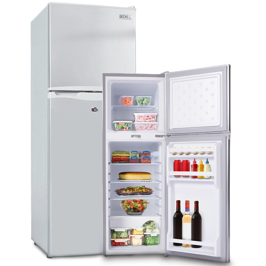 GECKO 142L Upright Portable Fridge / Freezer, 12V/24V/240V for Motorhome and Caravan, Silver