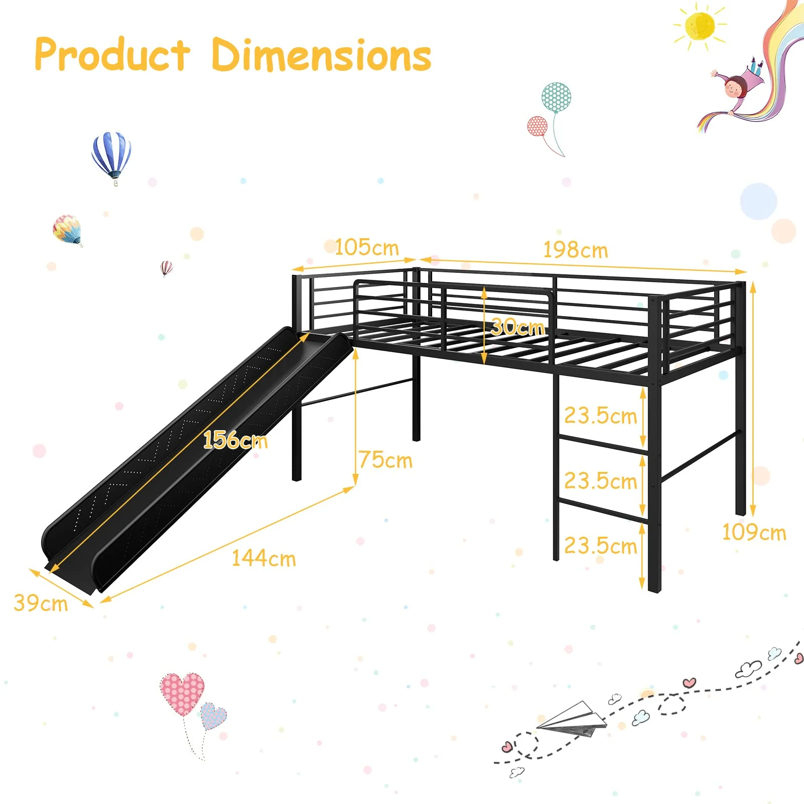 Giantex Metal Loft Bed with Slide, Heavy-Duty Steel Slats Support Loft Bed with Integrated Ladder & Full-Length Guardrails