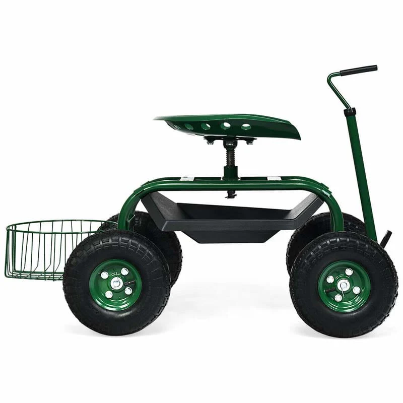 4-Wheel Garden Cart Workseat with Storage Basket & Tool Tray, Heavy Duty Patio Wagon Scooter for Planting