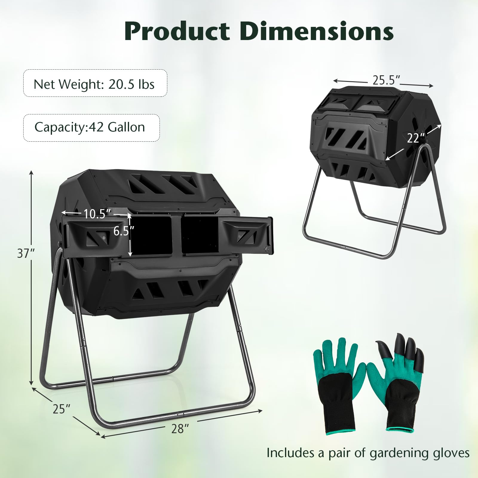 Compost Bin, 42-Gal Dual Chamber Composting Tumbler w/2 Sliding Doors, Heavy-Duty Metal Frame