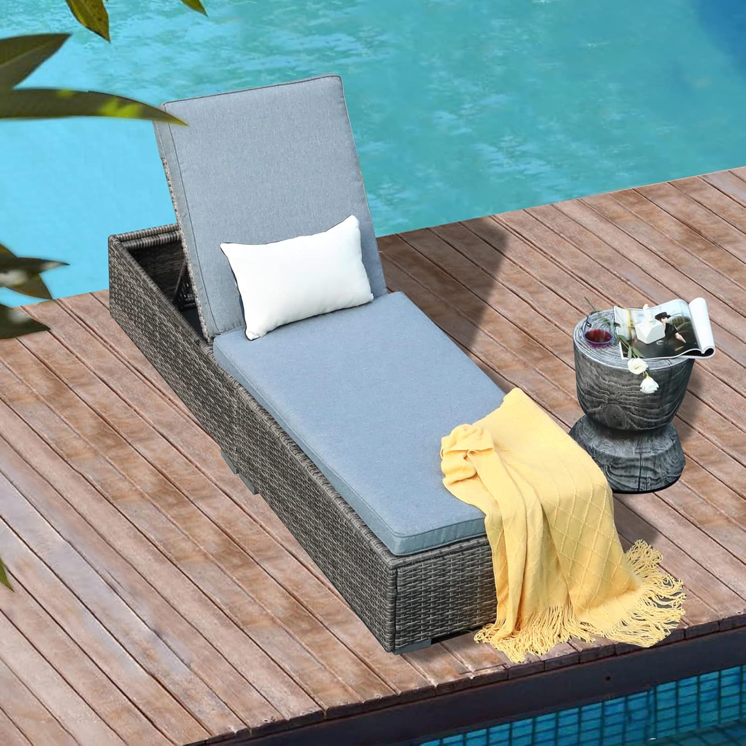 Patiorama Outdoor Patio Lounge Chair, Elegant Reclining Adjustable Pool Rattan Chaise Chair with Beige Cushion, Brown PE Wicker, Steel Frame, Set of 2