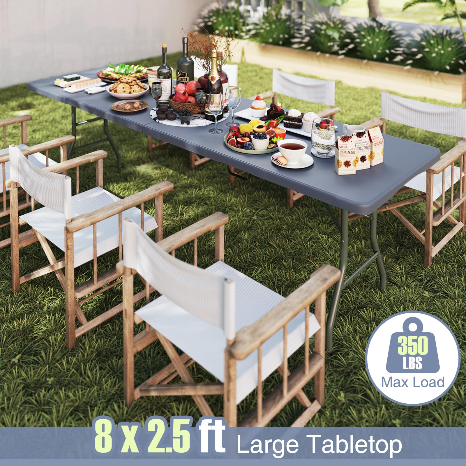 8ft Plastic Folding Table, 350 LBS Outdoor Heavy Duty Folding Tables with HDPE Tabletop, Handle
