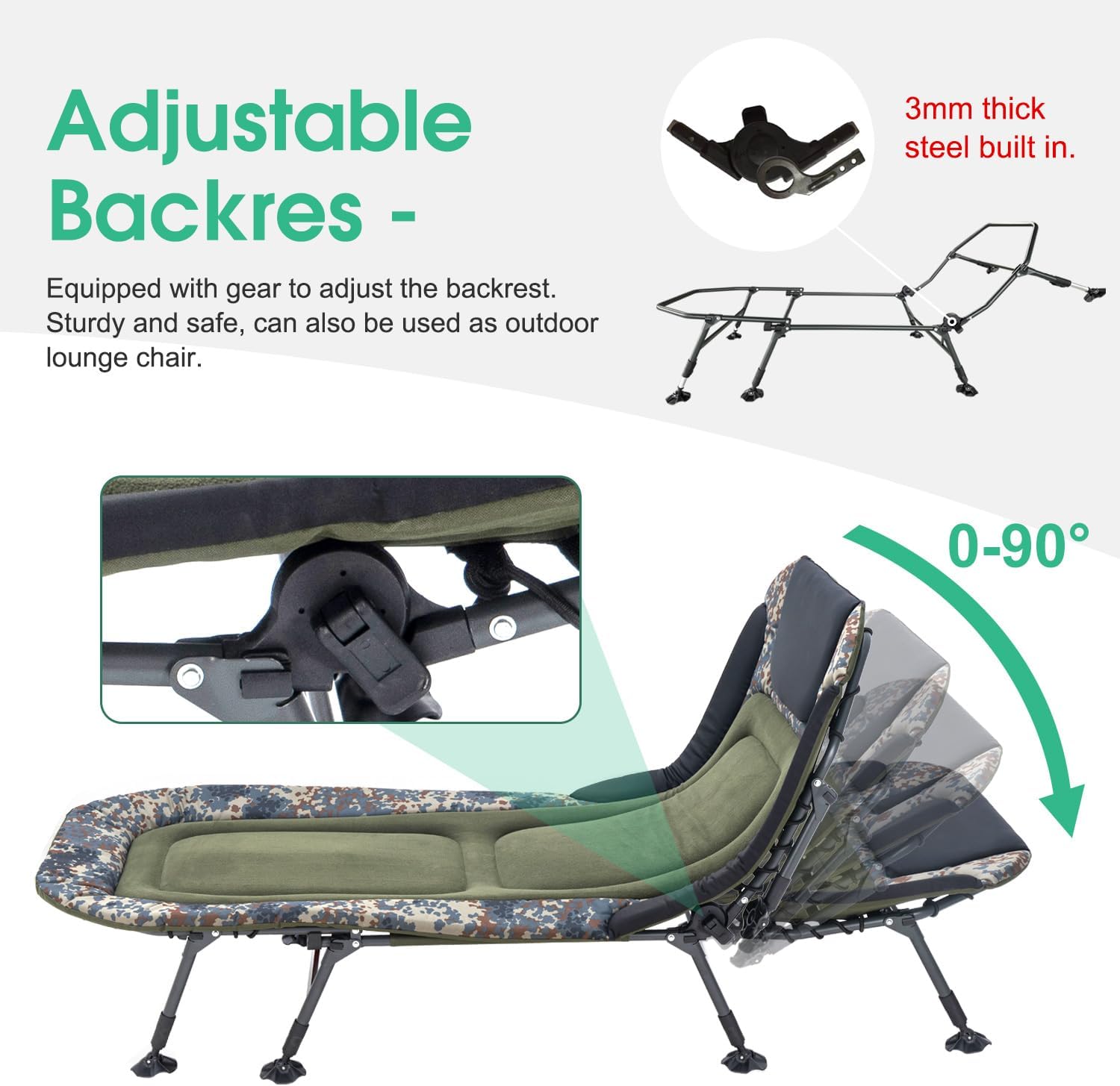 Camping Cots for Adults 330Lbs with Carry Bag, Heavy Duty Folding Bed with Soft Padded Cushion, Portable Military Cot for Hunting, 180�� Adjustable Reclining Outdoor Lounger