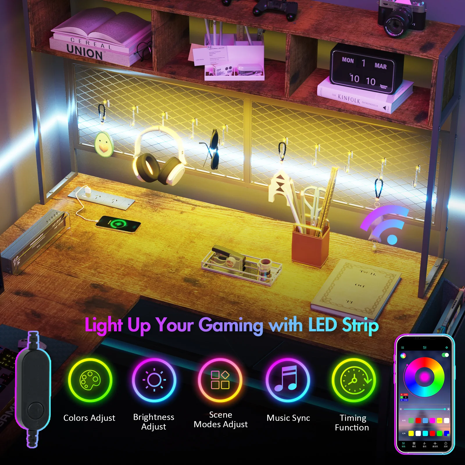 L Shaped Gaming Desk with LED Lights &  Storage Shelf