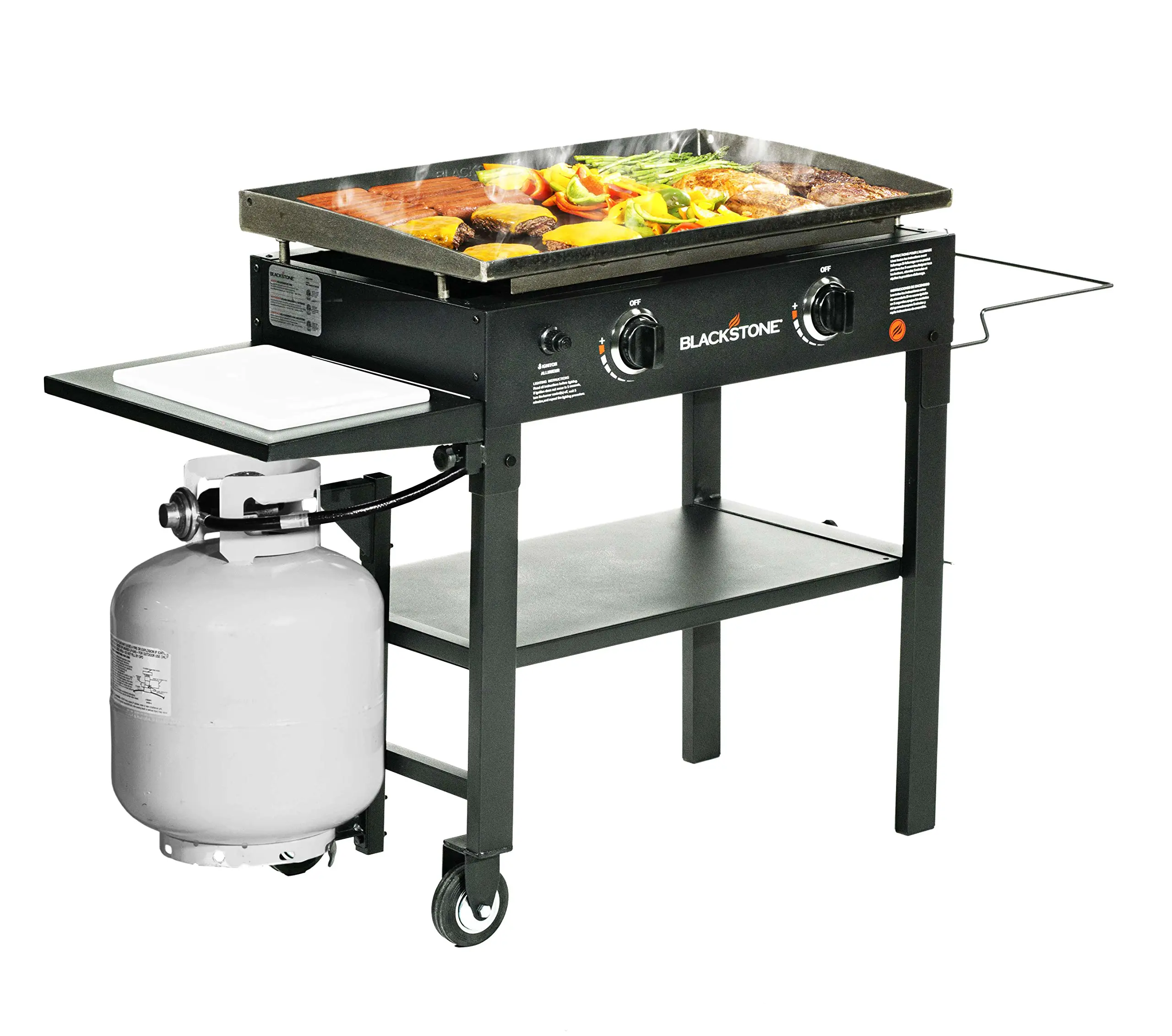 Blackstone 1853 Flat Top Gas Grill 2 Burner Propane Fuelled Rear Grease Management System 28�� Outdoor Griddle Station for Camping with Built in Cutting Board and Garbage Holder, 28 Inch, Black