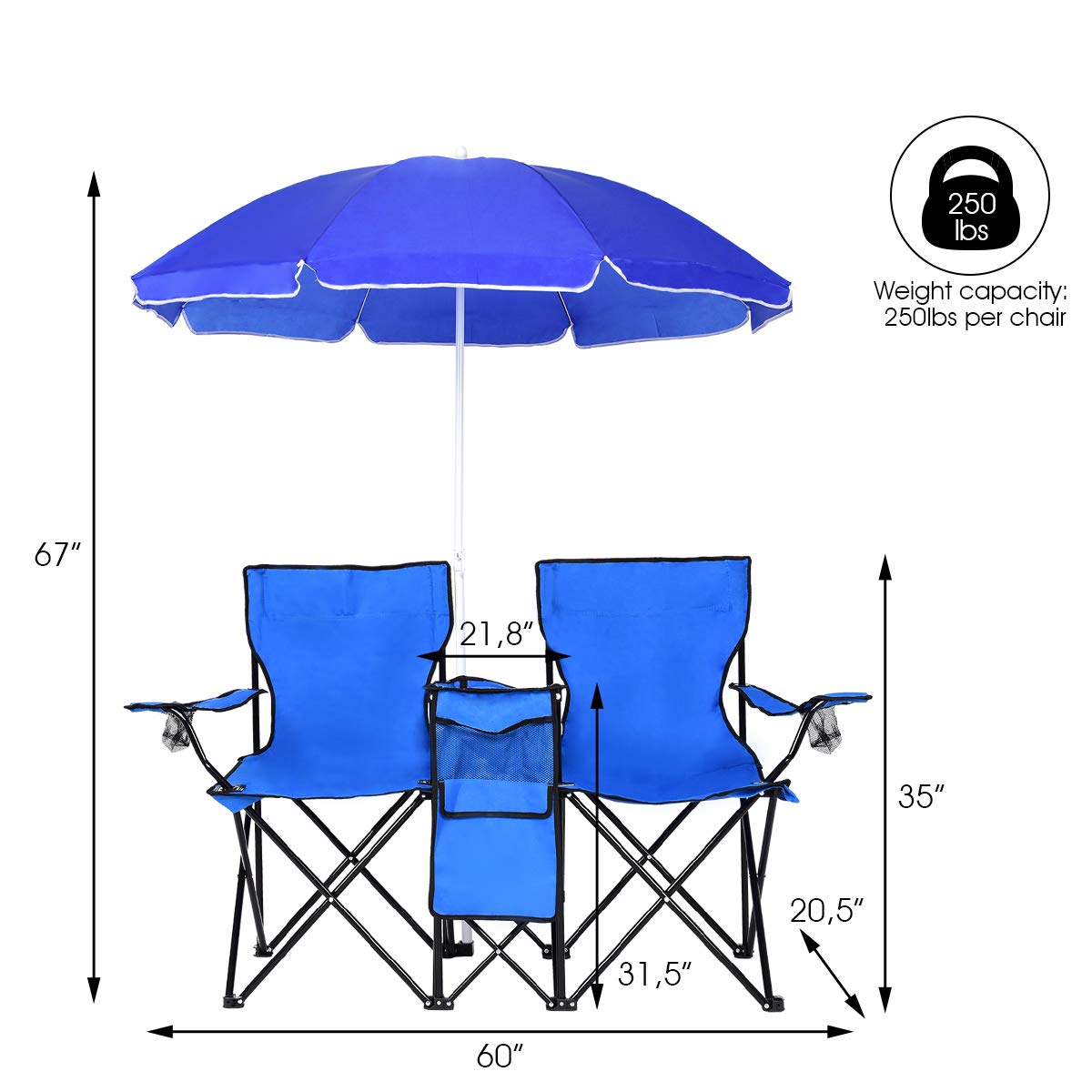 Double Folding Picnic Chairs Umbrella Mini Table Beverage Holder Carrying Bag