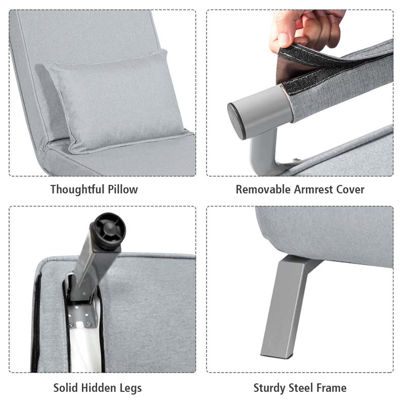 Folding Convertible Sofa Bed Sleeper Chair w/Pillow, 5-Position Armchair Chaise Lounge Couch