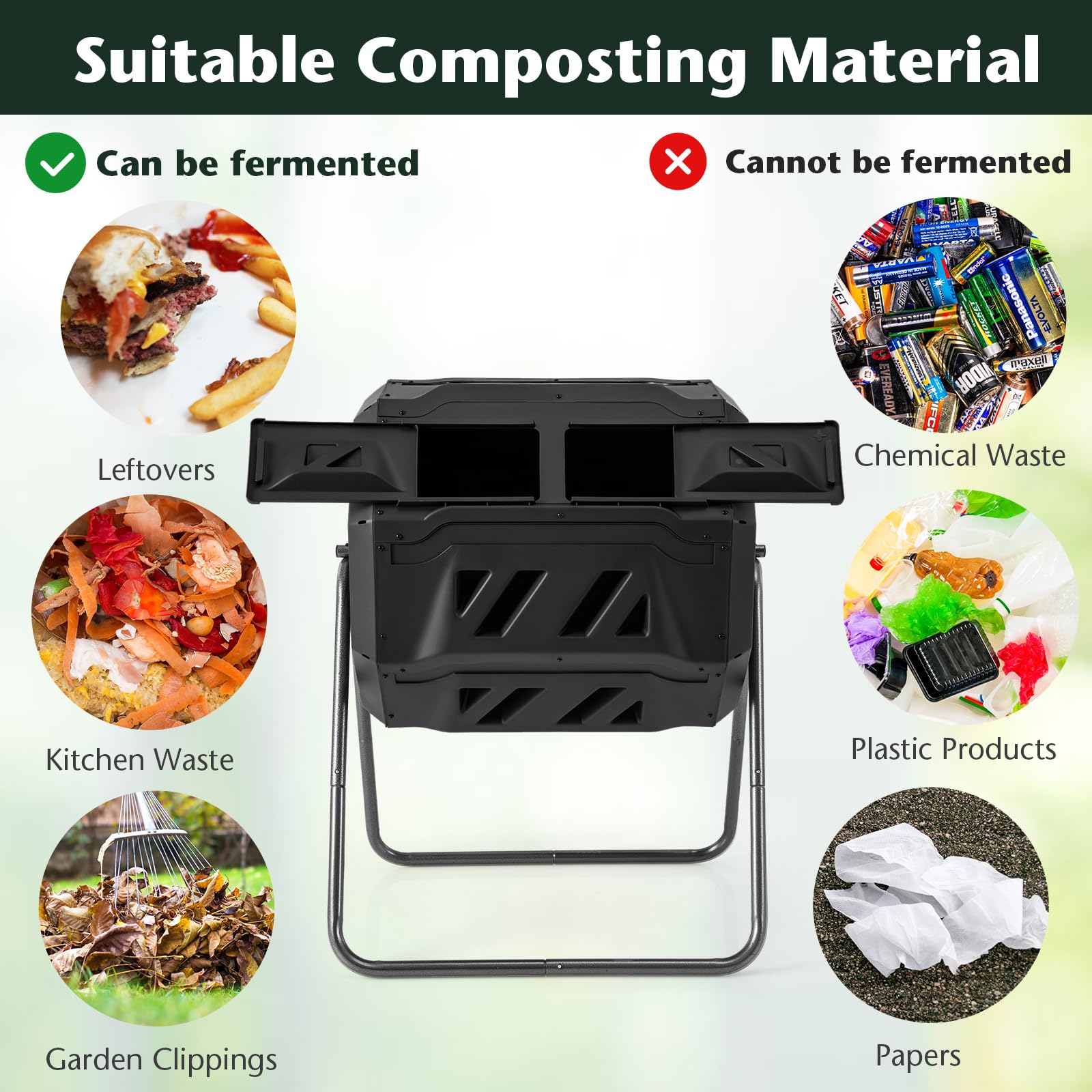 Compost Bin, 42-Gal Dual Chamber Composting Tumbler w/2 Sliding Doors, Heavy-Duty Metal Frame