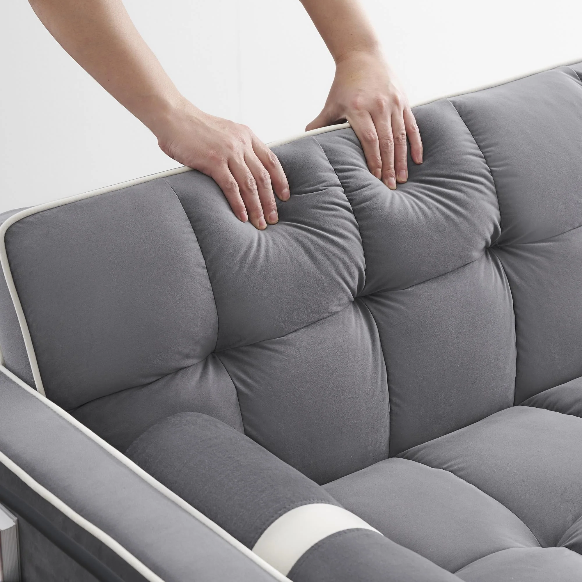 3 in 1 Sleeper Sofa Couch Bed,Small Tufted Velvet Convertible Loveseat Futon Sofa w/Pullout Bed,Adjustable Backrest,Cylinder Pillows,Multi-Pockets,Phone Holder for Living Room Apartment,Grey,55.5