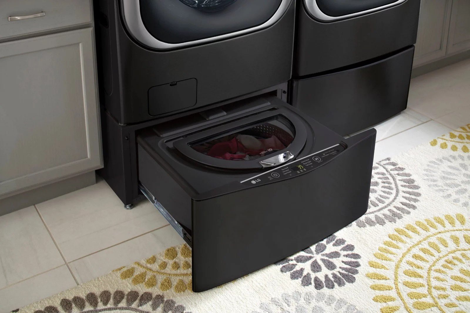 LG �C SideKick 1.0 Cu. Ft. High-Efficiency Smart Top Load Pedestal Washer with 3-Motion Technology �C Black steel