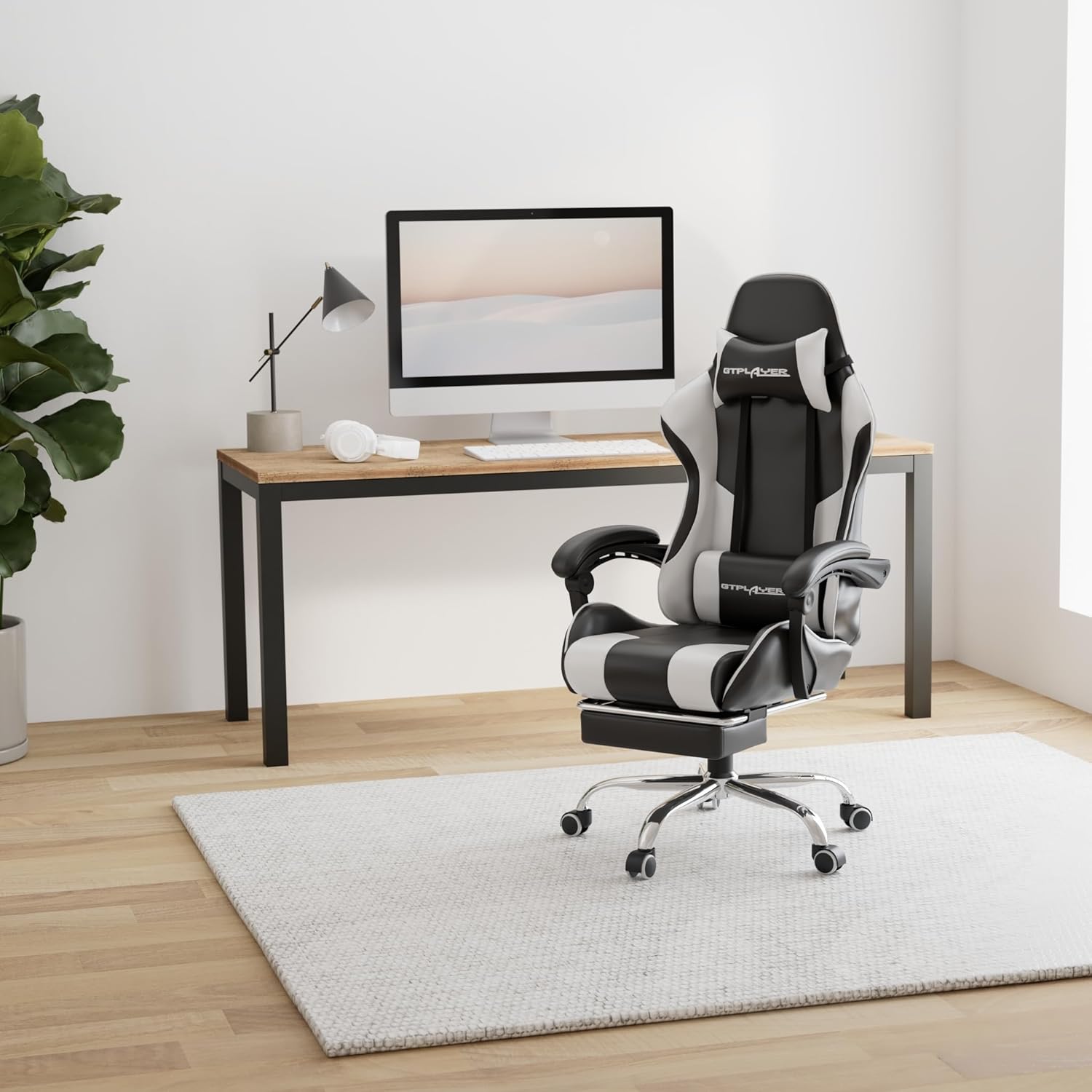 GTPLAYER Gaming Chair, Computer Chair with Footrest and Lumbar Support, Height Adjustable Game Chair with 360  -Swivel Seat and Headrest and for Office or Gaming (White)