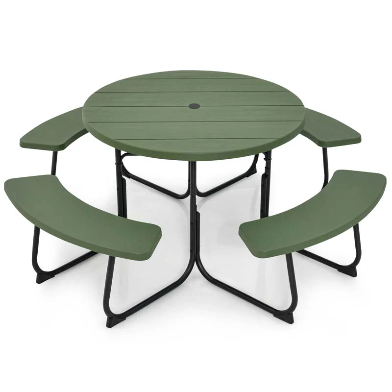8 Person HDPE Outside Table & Bench Set, Outdoor Round Picnic Table with 4 Built-in Benches, Umbrella Hole, Metal Frame